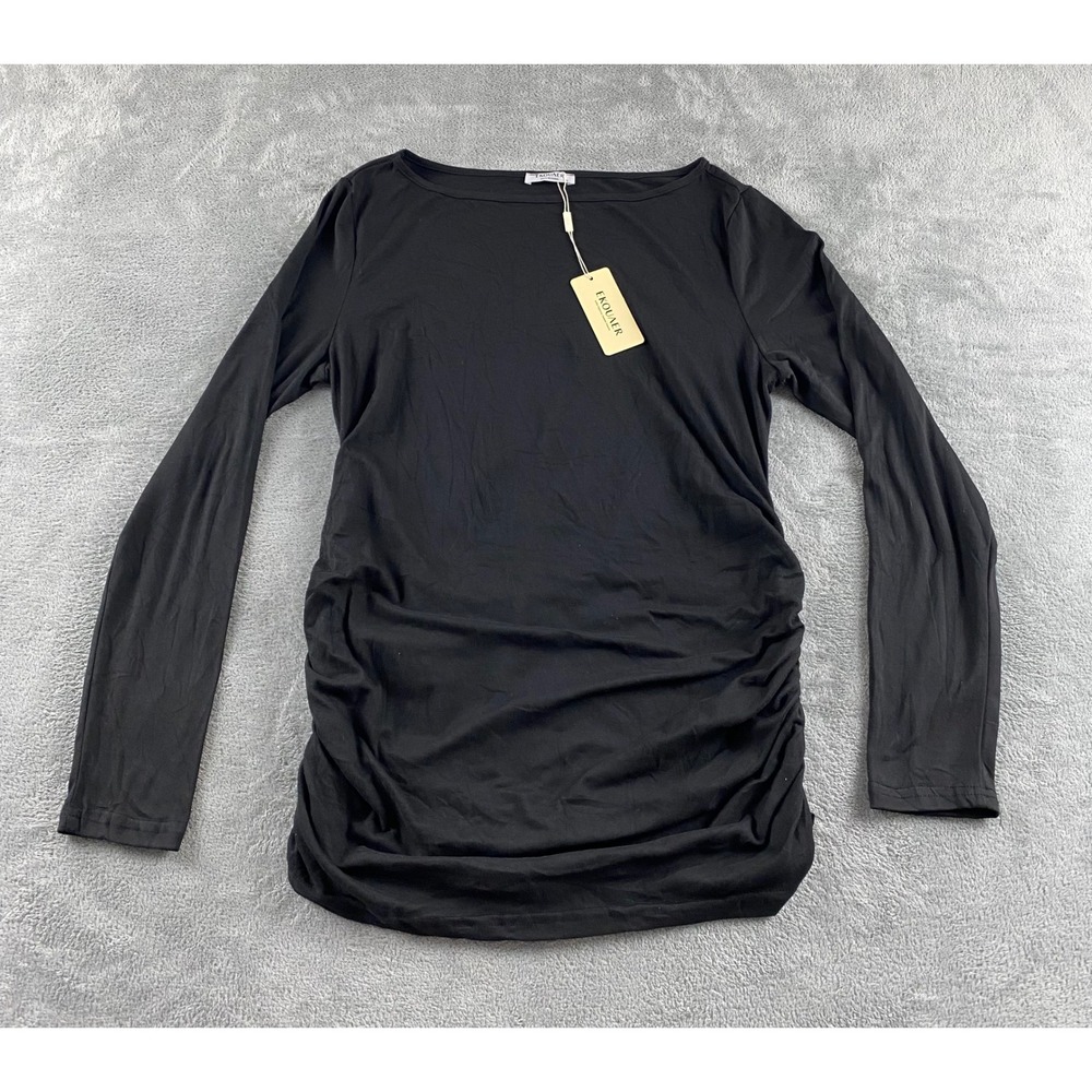 Ekouaer Womens Maternity Top Black Long Sleeve Ruched Side Boat Neck Large NWT